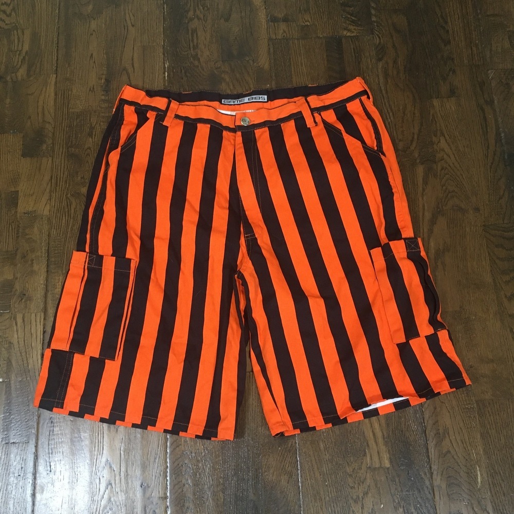 Game Bibs Cargo Shorts Men's Size 38 Flat Front Pockets Orange and Black Stripe